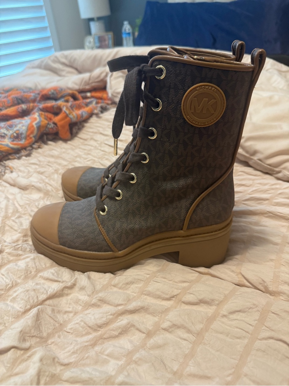 MICHAEL Michael Kors Brown MK Logo Lace-Up Platform Combat Boots